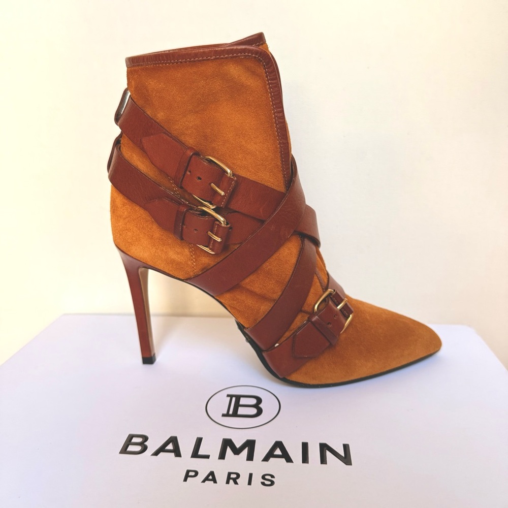 Balmain Multi Strap Suede Ankle Boots Brown Pointed Toe Stiletto EU 37.5 US 7